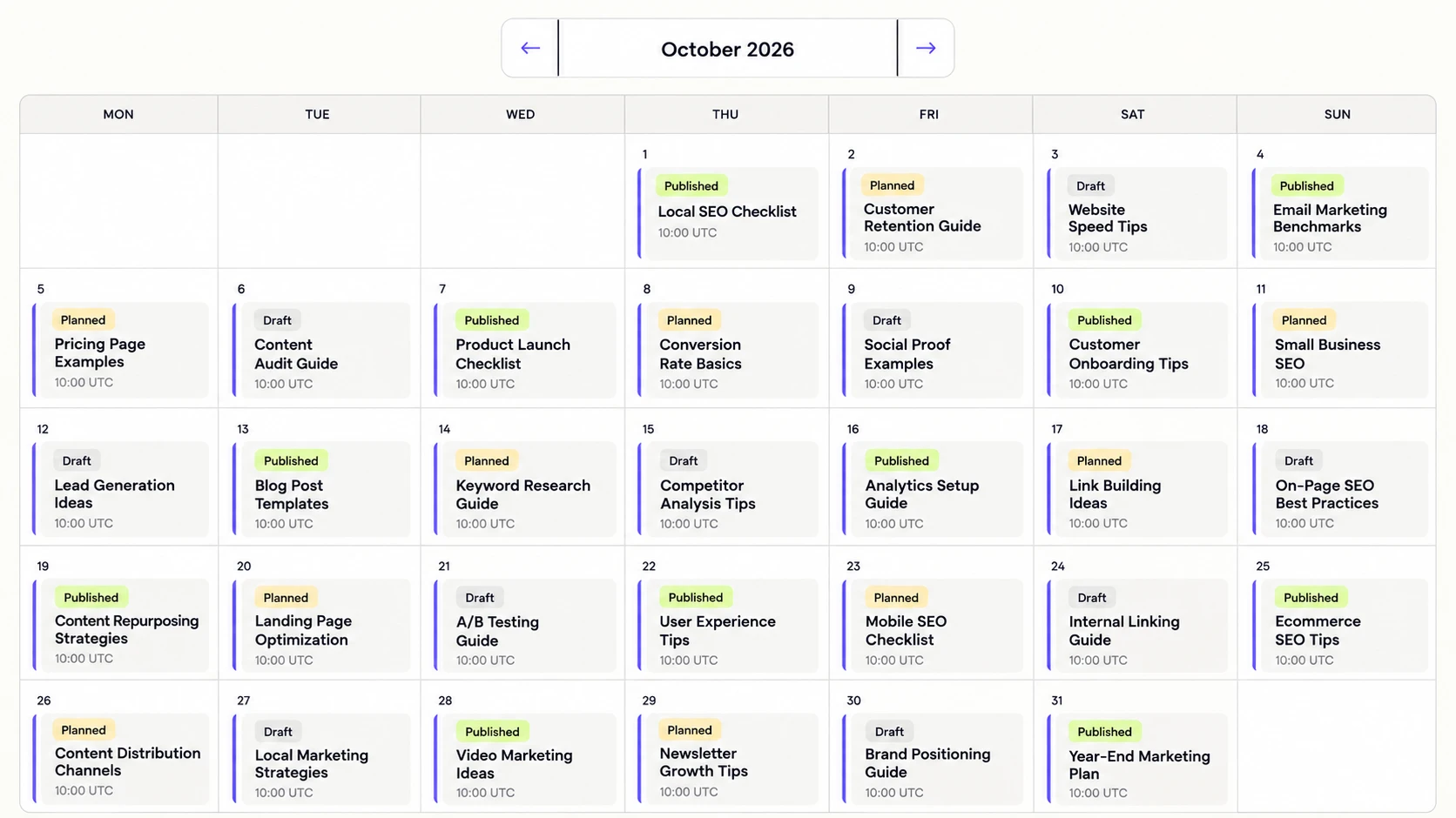 Winrank publishing calendar with every date filled by planned, draft and published articles