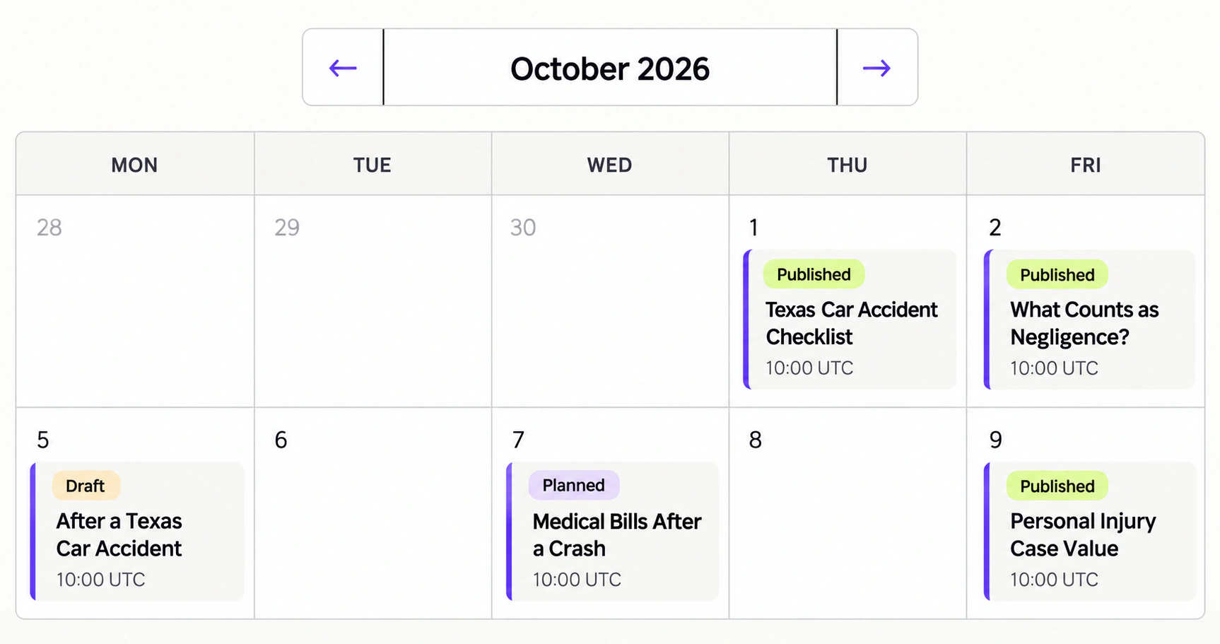 AI-recreated publishing calendar with sample planned, draft and published articles